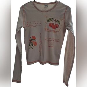 Urban Outfitters Cream Long Sleeve Top with Cherry and Floral Print